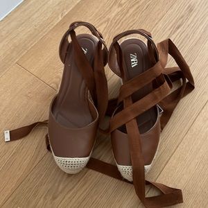 Zara Brown Espadrille Wedge Sandals with Cream Toe